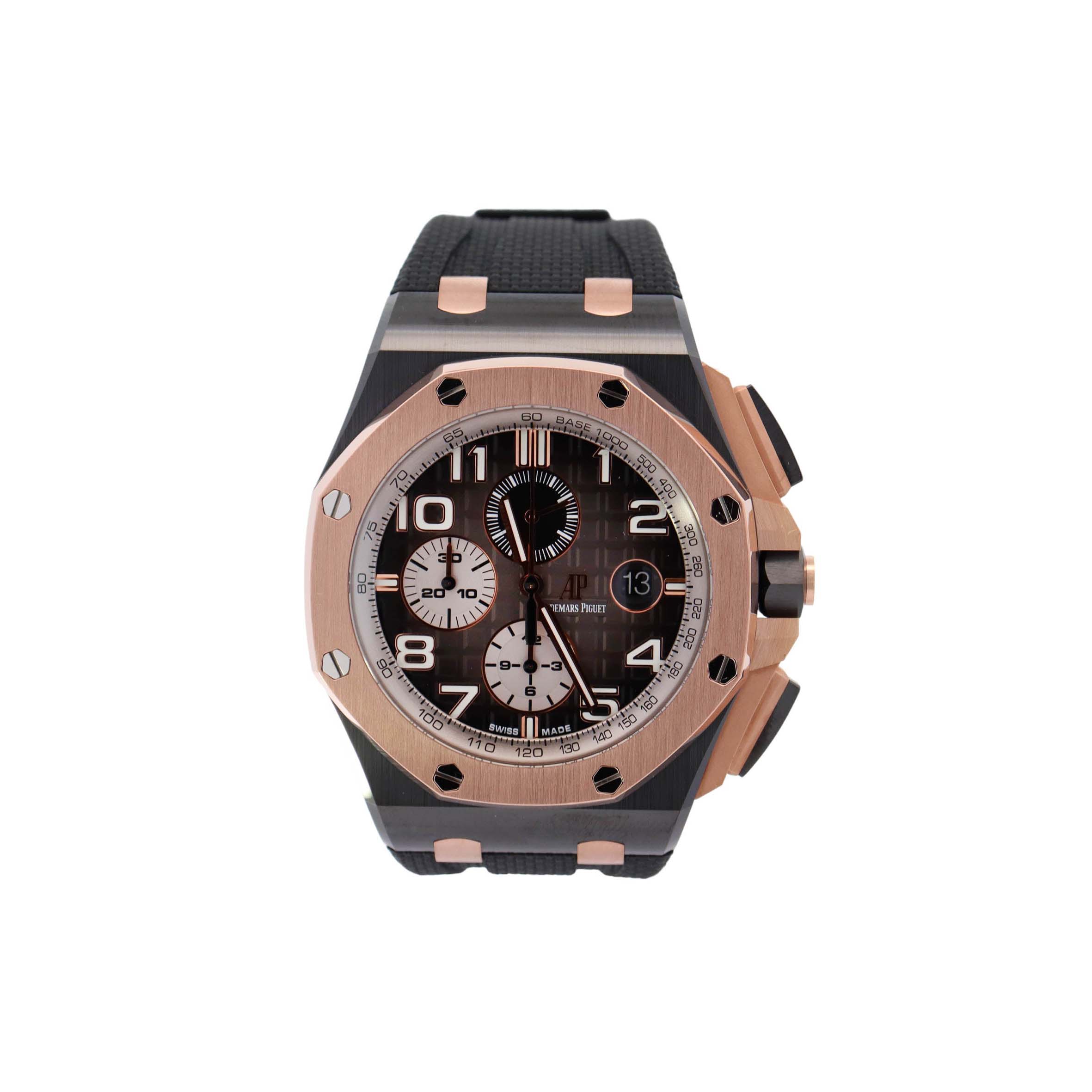 audemars P*g*et royal oak offshore black ceramic 44mm smoked grey roman dial watch 26405nr.oo.a002ca.01